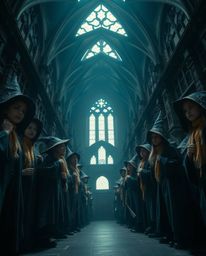 Capture the enchantment of a magical school teeming with young wizards in this atmospheric depiction. Utilizing a low angle p