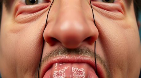 This image showcases an extreme macro close-up of a comedic scene with exaggerated facial expressions.  The bold areas highli