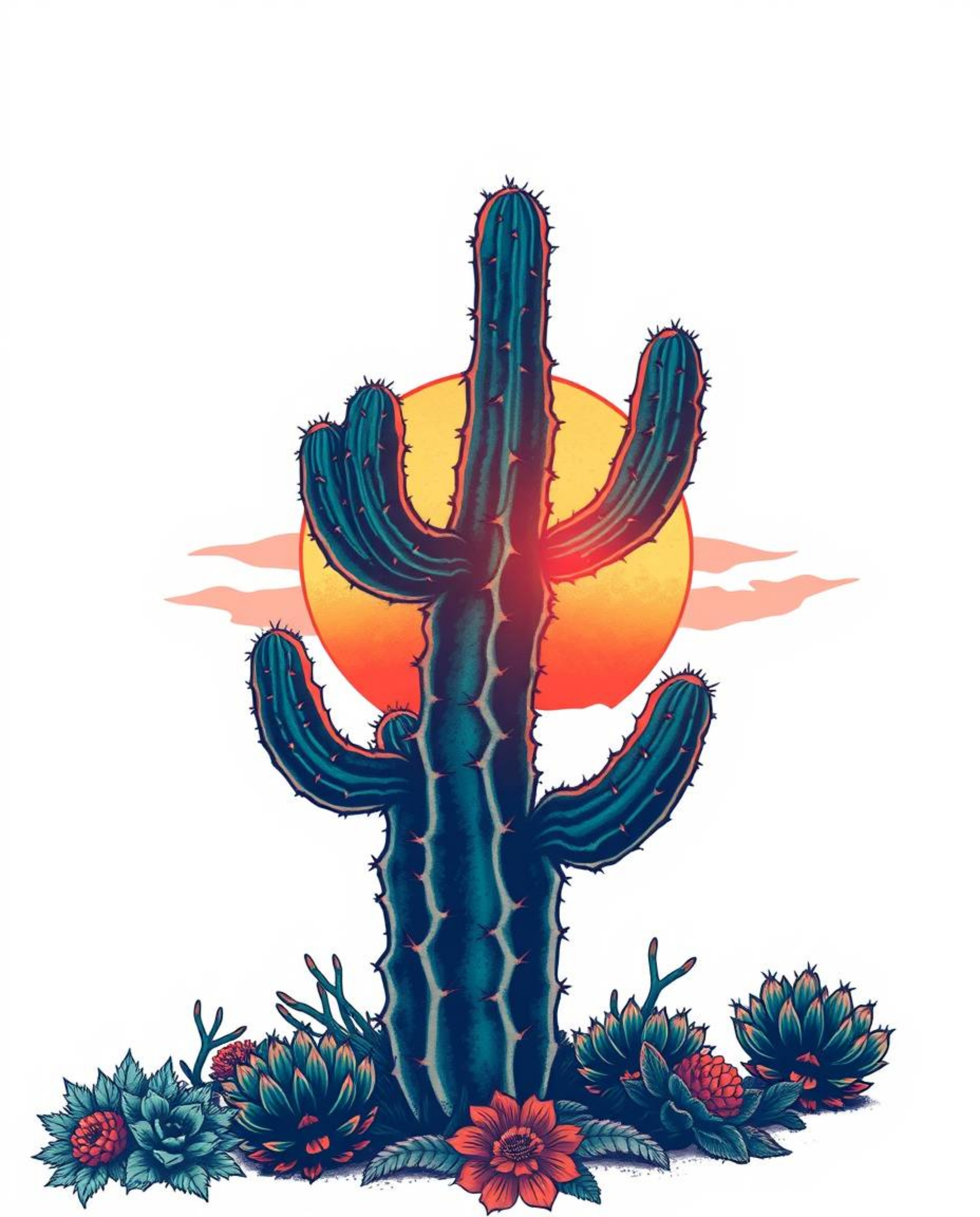 A traditional tattoo art print featuring a desert cactus glowing in the last rays of the sun. This luxurious and vibrant desi