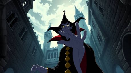 Experience a dramatic and expressive scene featuring a classic Disney villain casting a powerful spell within the aged walls 