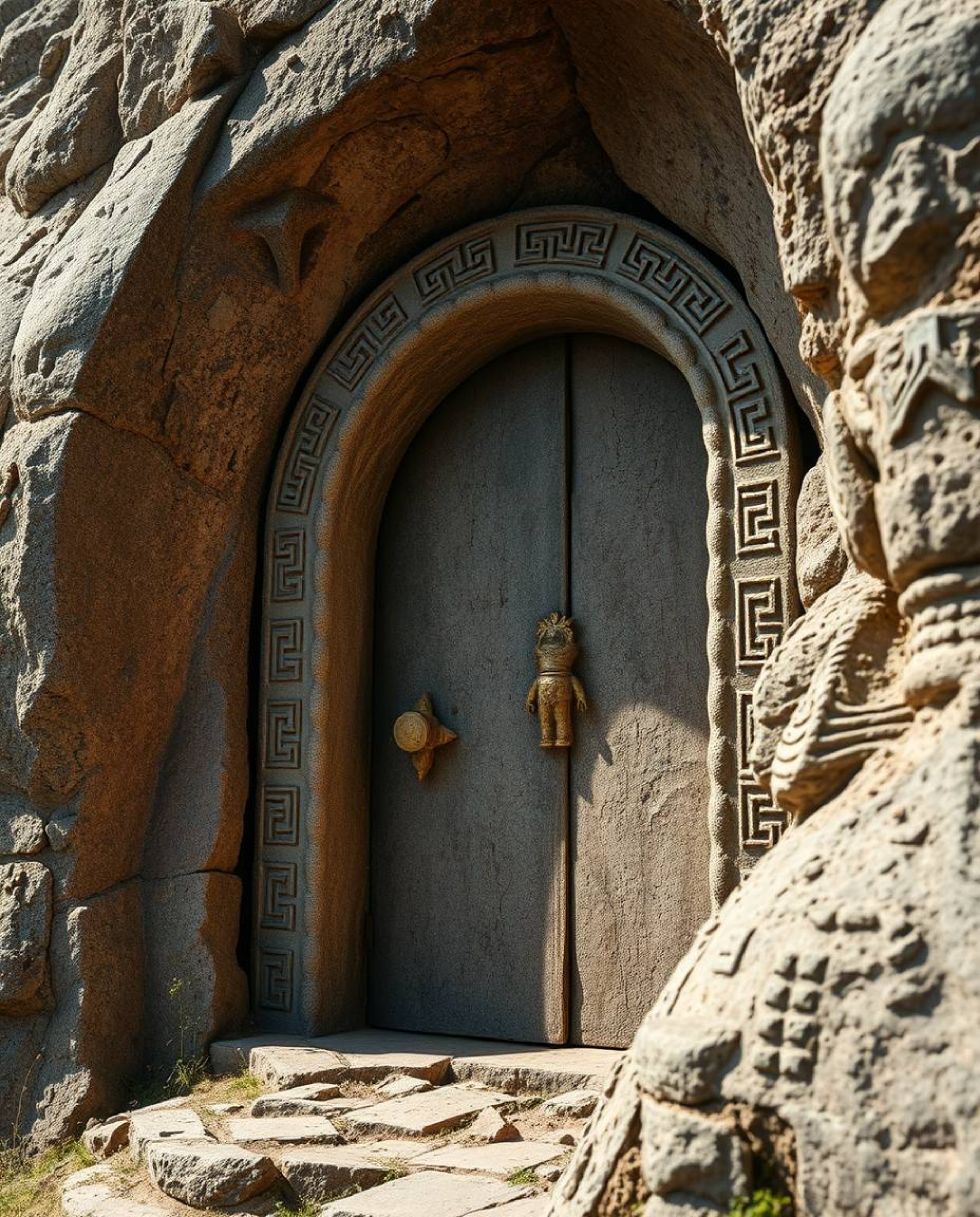 A captivating close-up photograph showcasing an ancient doorway embedded within a mountain's side.  The doorway glows with in