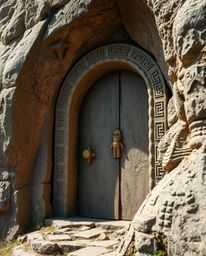 A captivating close-up photograph showcasing an ancient doorway embedded within a mountain's side.  The doorway glows with in