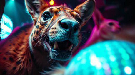 Experience a vibrant and moody close-up shot of an animal dance party illuminated by dazzling disco lights.  This captivating