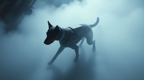 A high-angle shot reveals a futuristic dog autonomously navigating a foggy space scene.  The low visibility and elevated pers