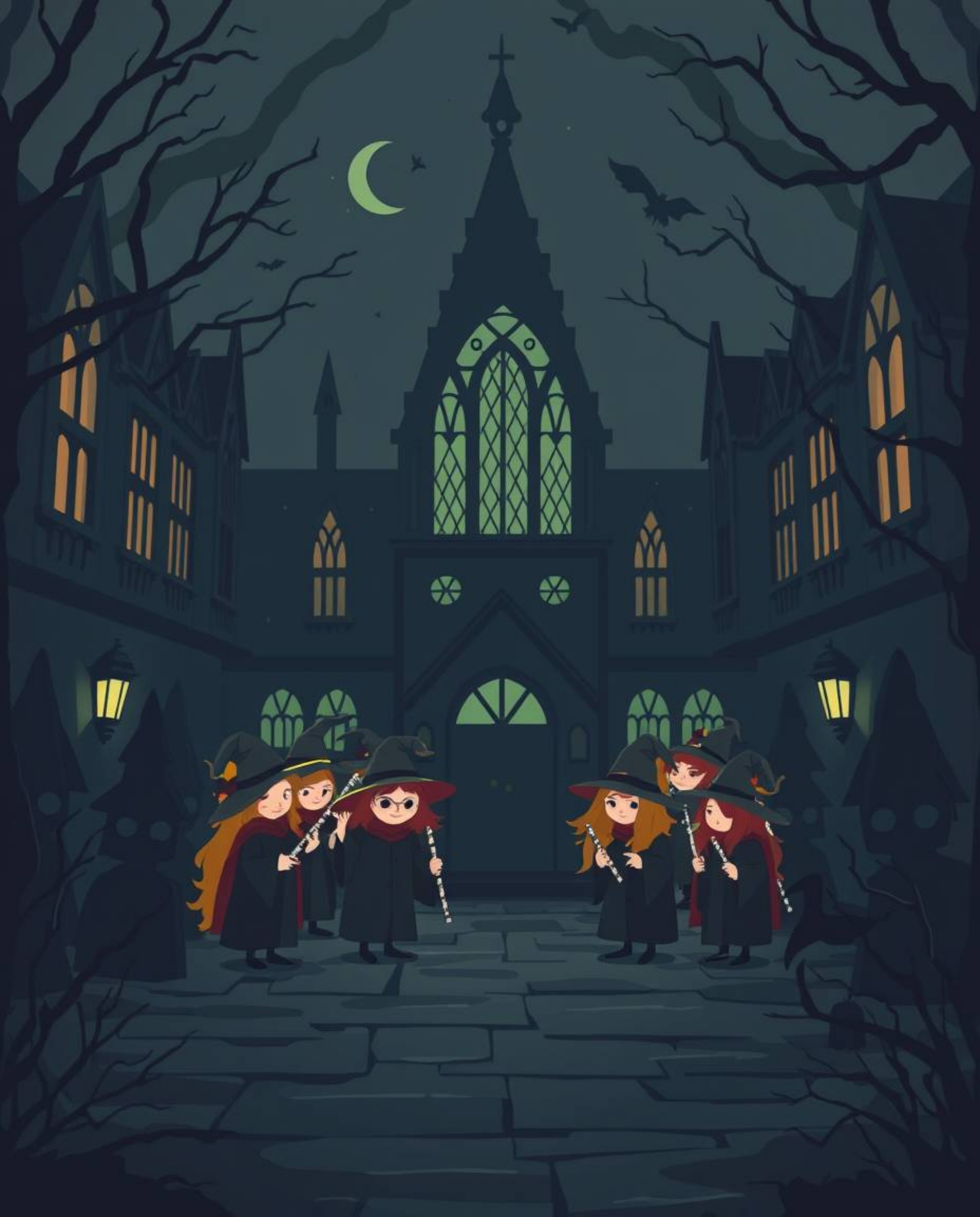 This modern flat design depicts a magical school teeming with young wizards, employing a dark and unsettling aesthetic. Simpl