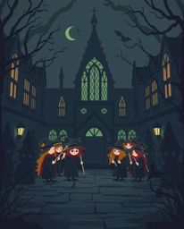 This modern flat design depicts a magical school teeming with young wizards, employing a dark and unsettling aesthetic. Simpl