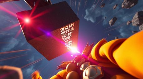A dynamic image depicting an anvil poised to fall on a trickster character, rendered with vibrant colors and striking lens fl
