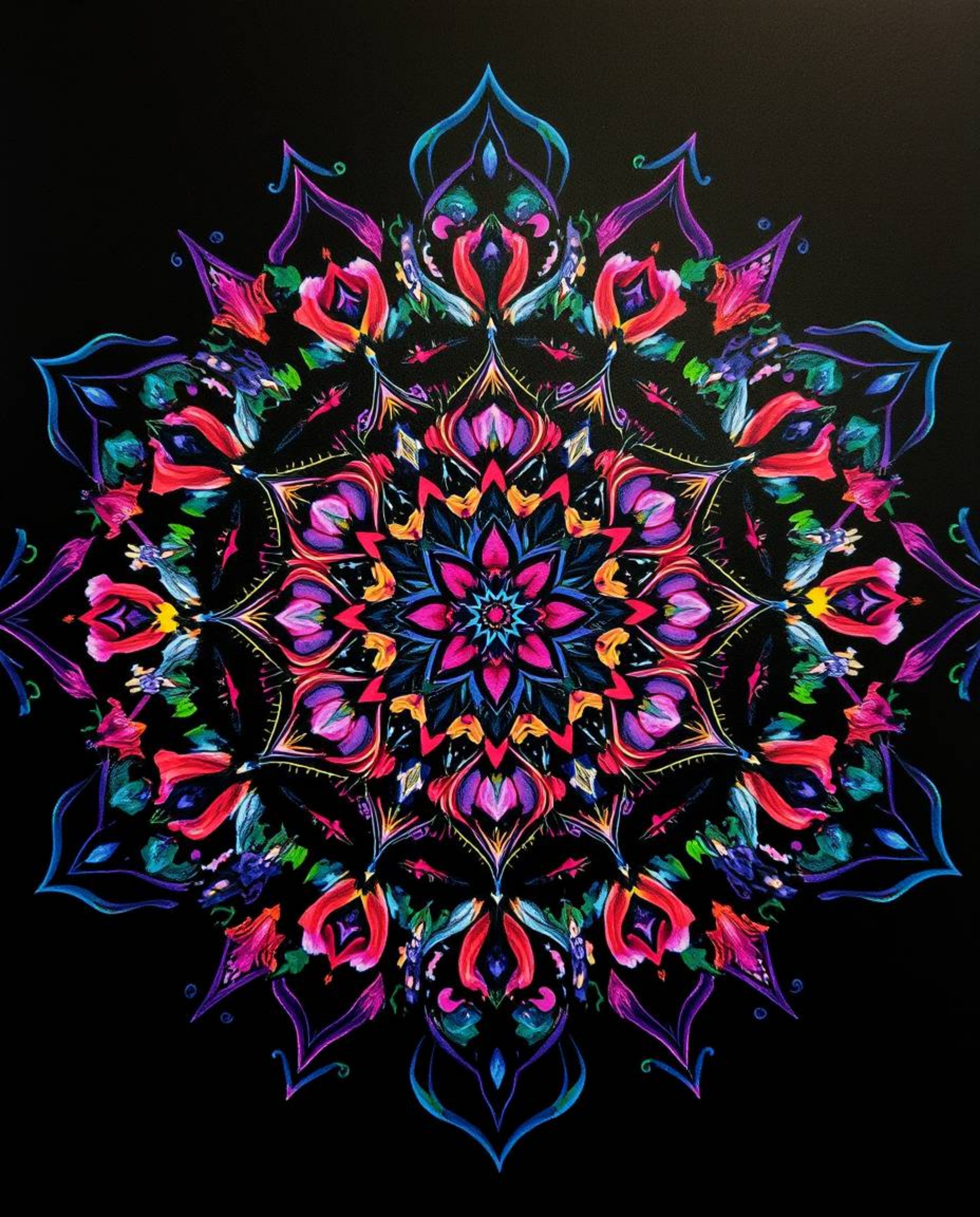 A captivating surreal geometric floral mandala bursts with vibrant colors and intense jet black.  Its symmetric design featur