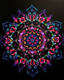 A captivating surreal geometric floral mandala bursts with vibrant colors and intense jet black.  Its symmetric design featur