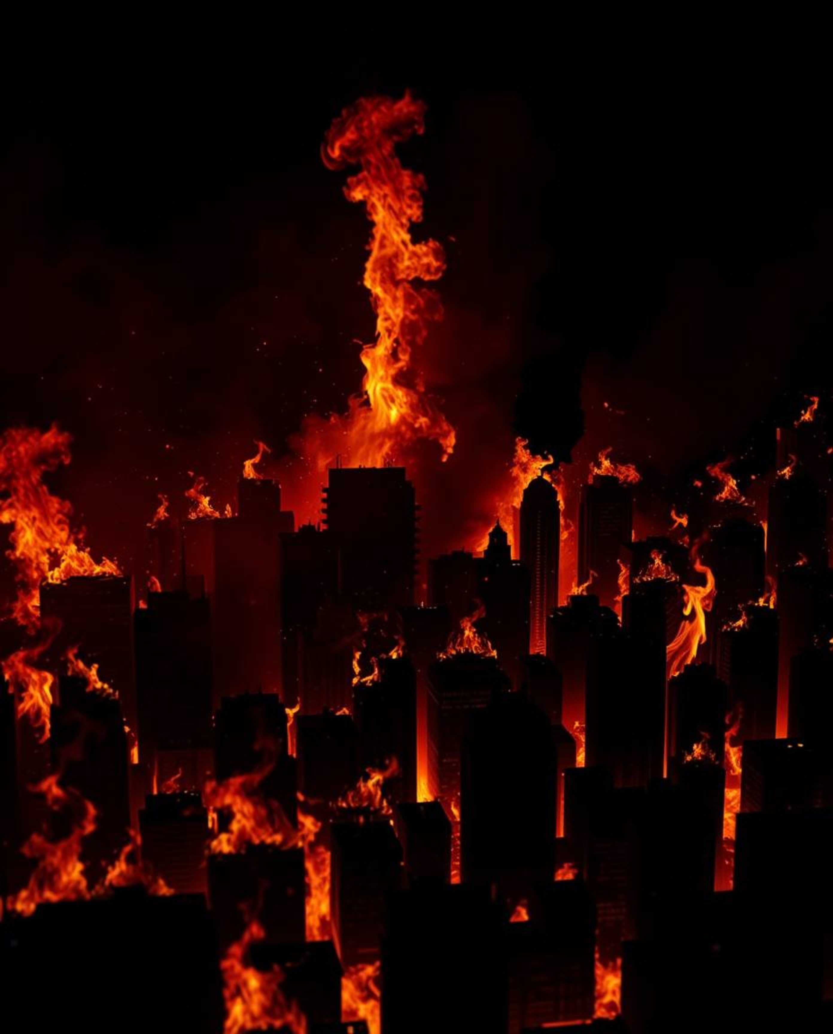 An extreme macro close-up capturing a city engulfed in flames, rendered in striking jet black and deep shadows. The chaotic a