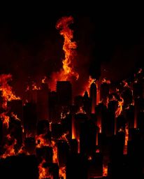 An extreme macro close-up capturing a city engulfed in flames, rendered in striking jet black and deep shadows. The chaotic a