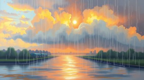 A captivating pastel painting portrays a serene yet dramatic wet rainy scene.  Thunderstorm clouds are dramatically illuminat