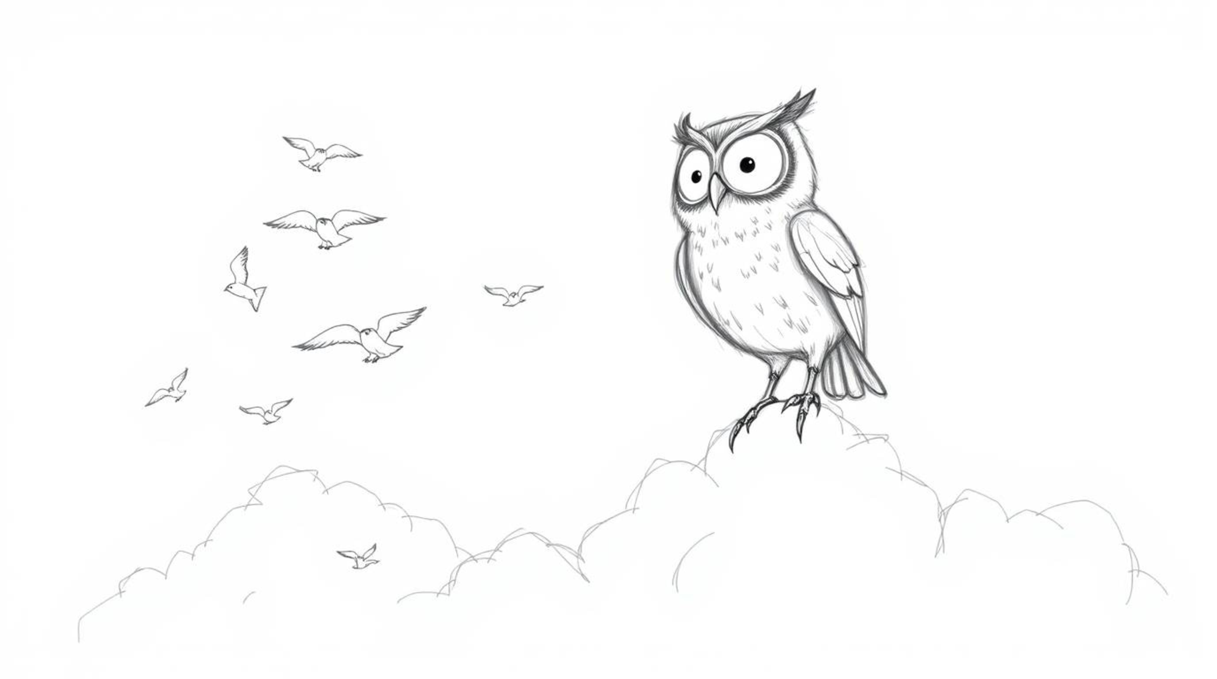 This hand-drawn pencil sketch in the style of Pixar depicts a proud, blind owl teaching a flock of birds to fly above fluffy 