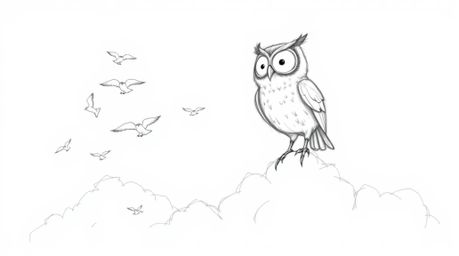 This hand-drawn pencil sketch in the style of Pixar depicts a proud, blind owl teaching a flock of birds to fly above fluffy 