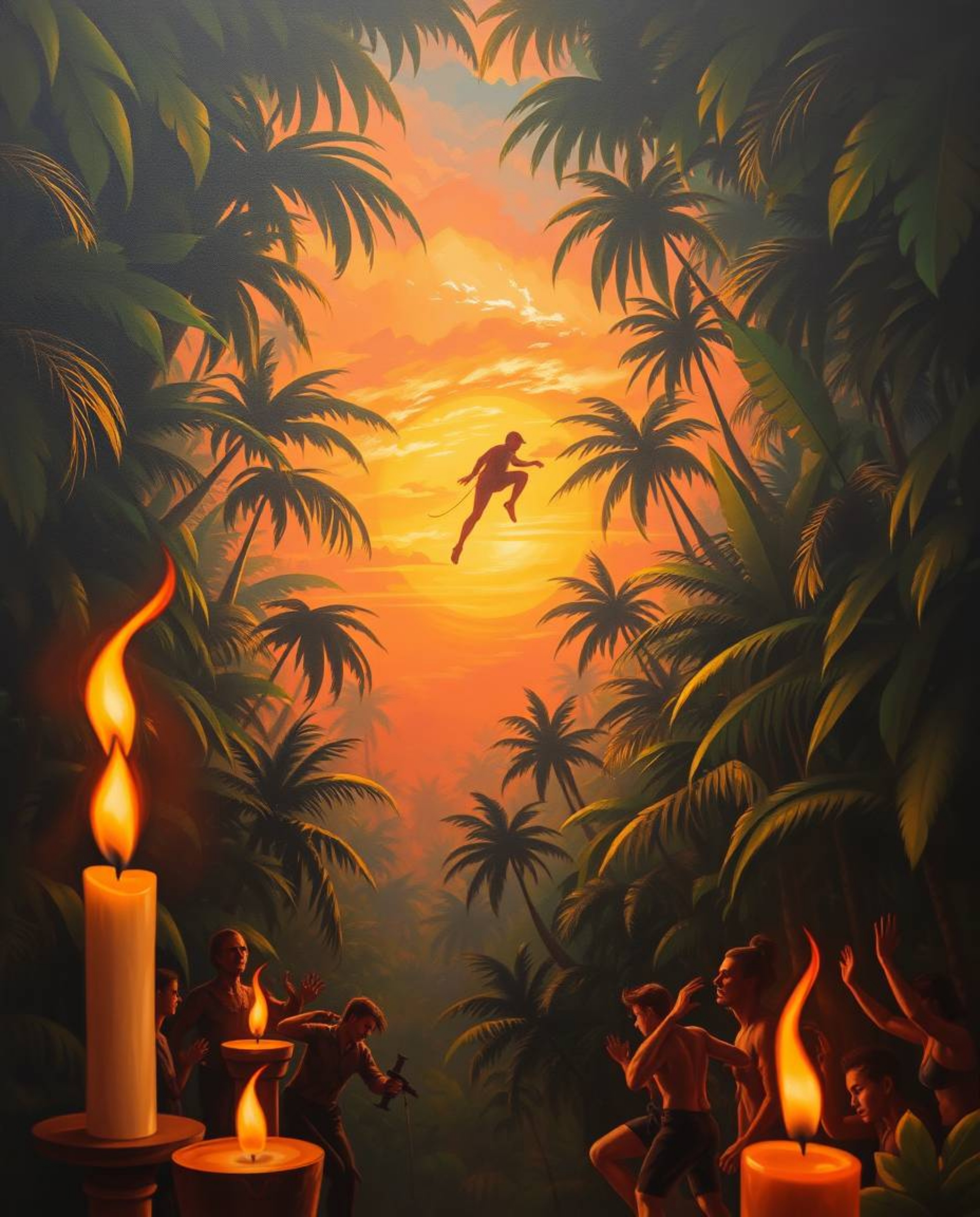 A dynamic painting showcases a sunset viewed through a dense jungle canopy, illuminated by the warm glow of candlelight and f