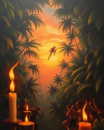 A dynamic painting showcases a sunset viewed through a dense jungle canopy, illuminated by the warm glow of candlelight and f