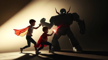Witness an epic showdown! Three superpowered children face off against a formidable robot in a visually stunning battle.  Hig
