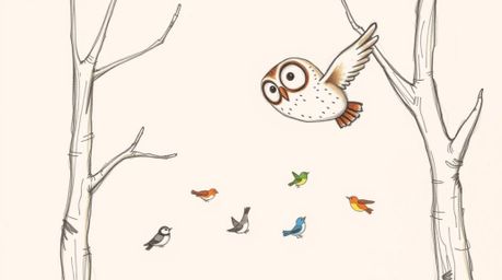A heartwarming hand-drawn sketch in the style of Pixar portrays a blind owl gracefully gliding between trees, imparting its k