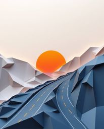 This artwork is an intricate origami-style representation of a sunset over a winding coastal highway. The piece showcases a b