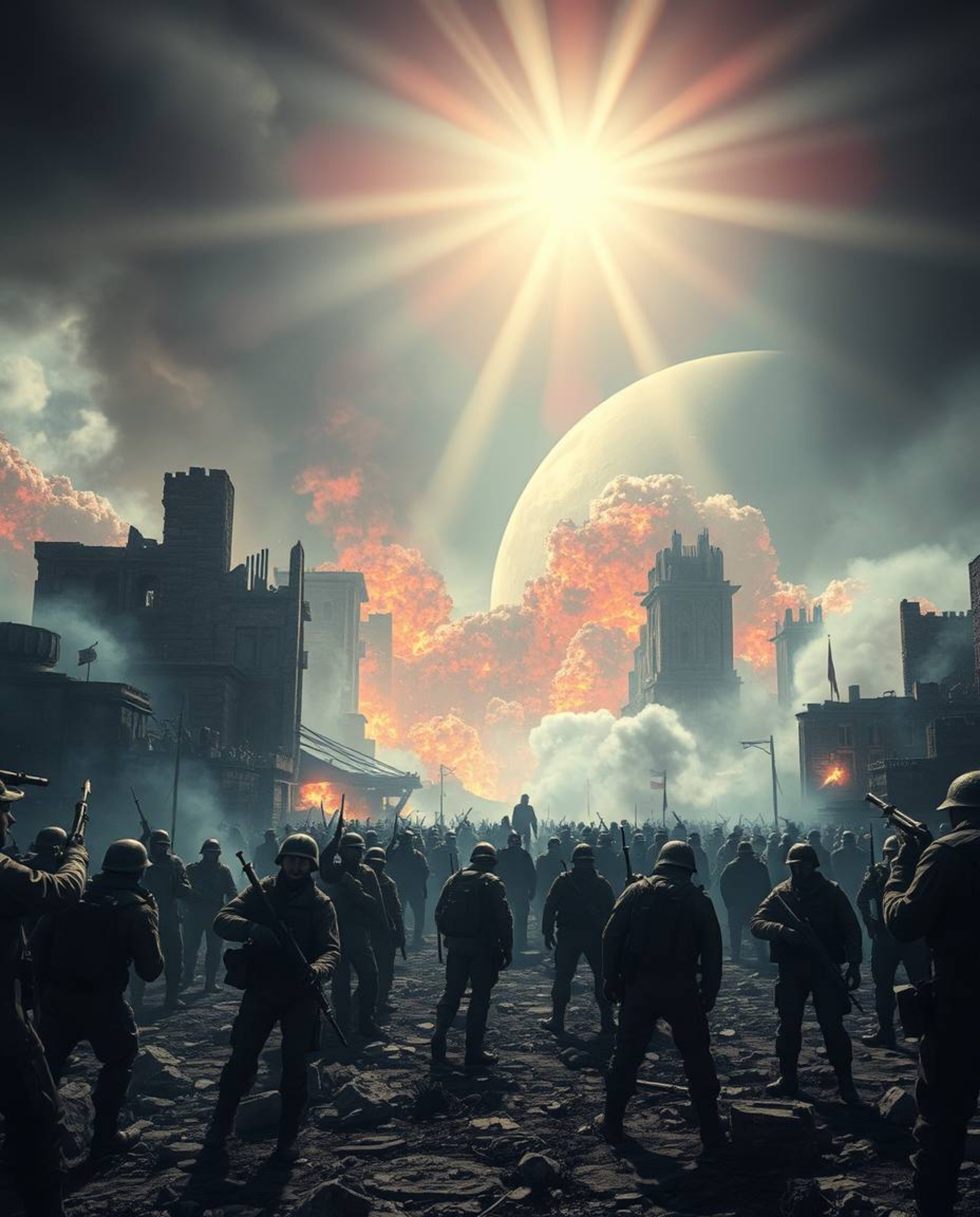 A vibrant and dramatic cinematic battlefield is illuminated by a bright lens flare, showcasing time-warped soldiers amidst cr
