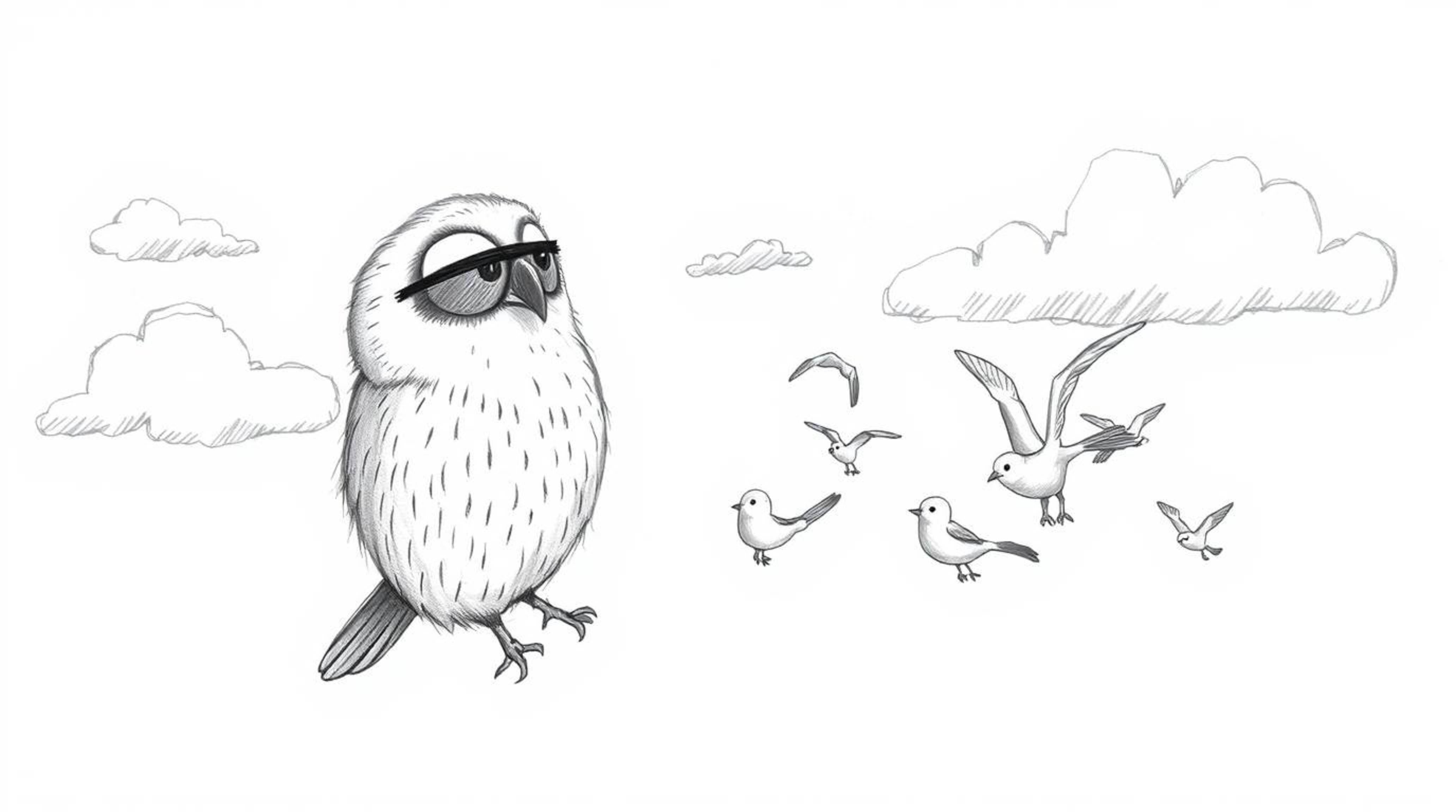 A whimsical, hand-drawn sketch in the style of Pixar depicts a blind owl with soft, feathery texture guiding a flock of birds