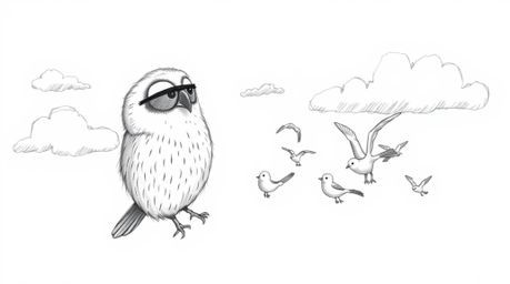 A whimsical, hand-drawn sketch in the style of Pixar depicts a blind owl with soft, feathery texture guiding a flock of birds