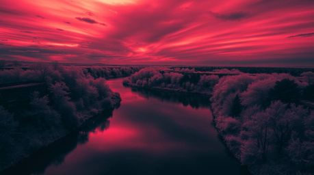 A surreal infrared photograph captures a winding river glowing ethereally beneath a dramatic orange-pink sky. The eerie infra