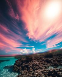 A striking low-angle, high-contrast photograph captures a colorful sky over a coral reef at low tide. The composition masterf