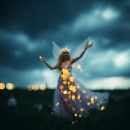A captivating image depicting a fairy godmother emerging from a swirl of sparkles against a backdrop of intense, dramatic sto