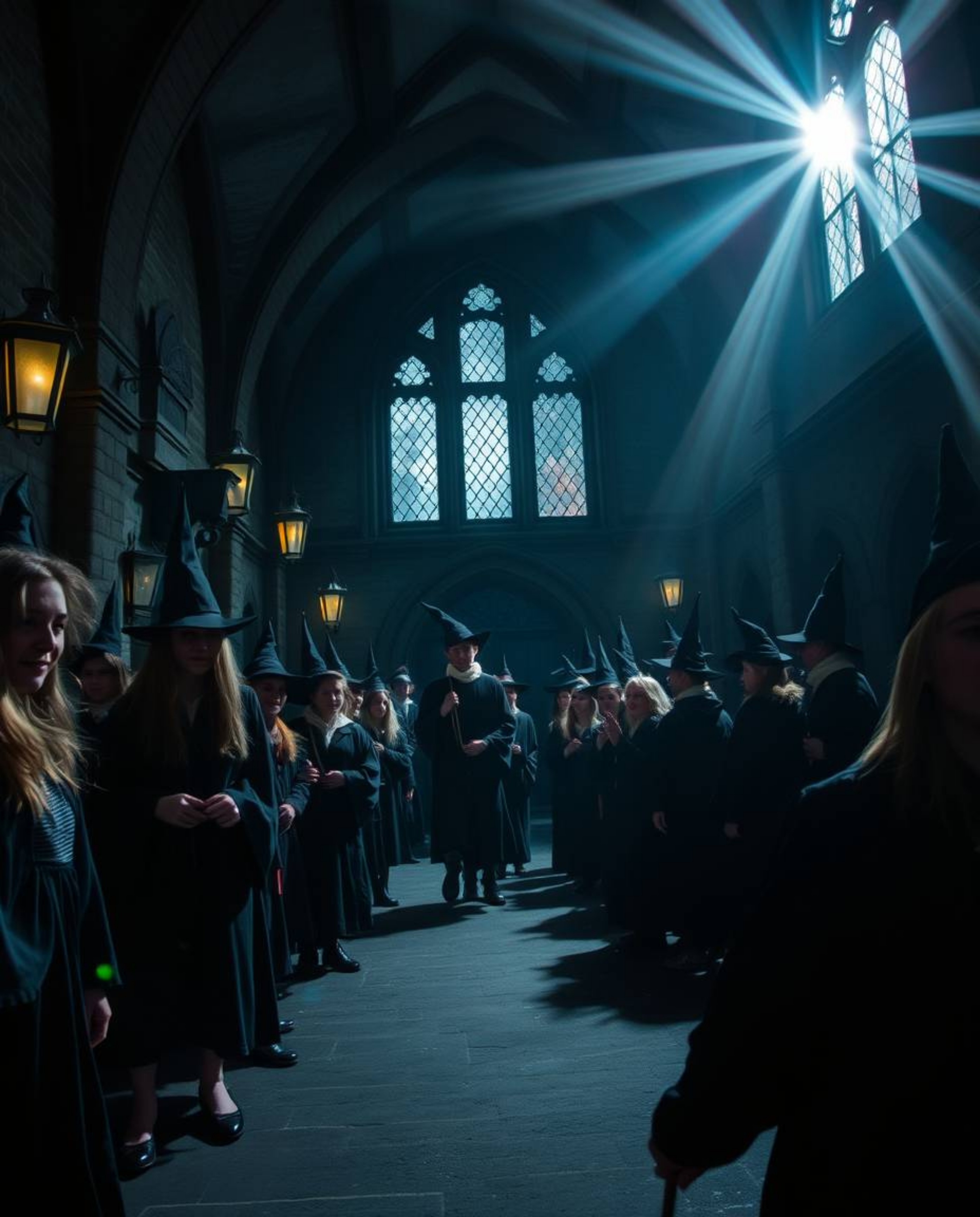 Discover a captivating image of a magical school brimming with young wizards.  The moody aesthetic, enhanced by a bright lens