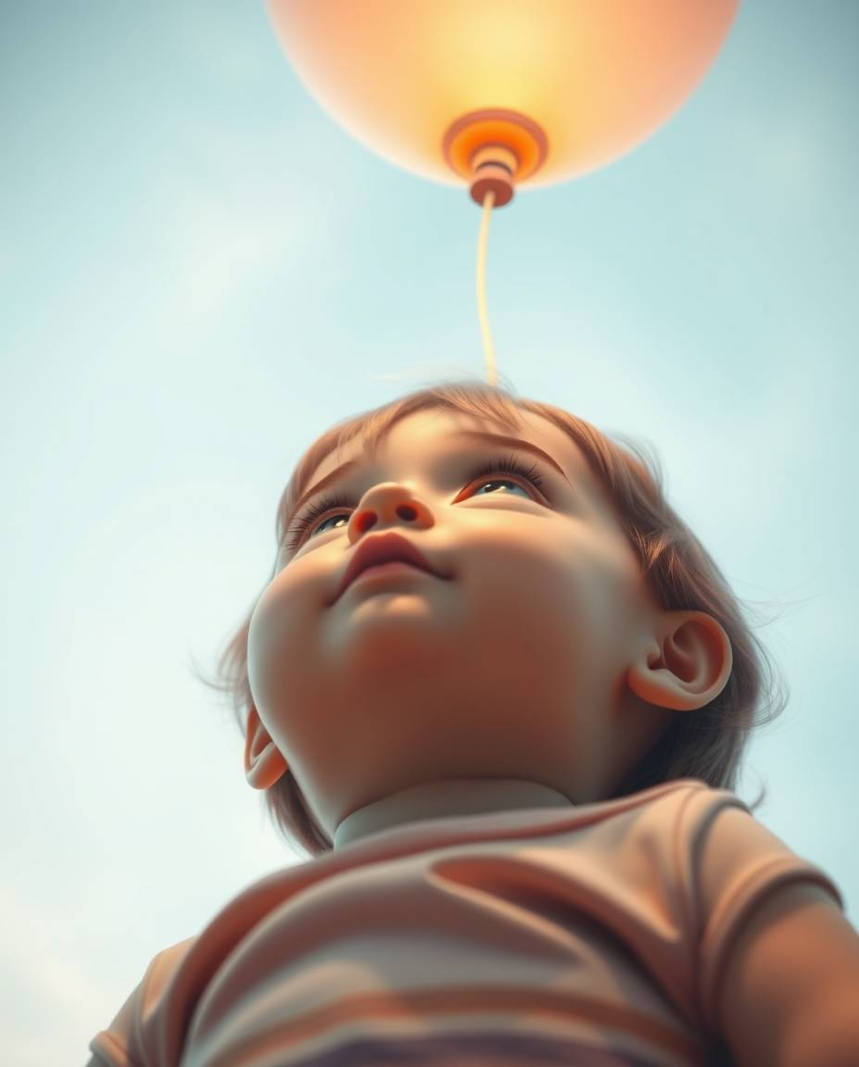 A heartwarming image capturing a child's innocent wonder as they gaze up at a balloon from a low angle perspective. Rendered 