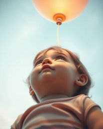 A heartwarming image capturing a child's innocent wonder as they gaze up at a balloon from a low angle perspective. Rendered 