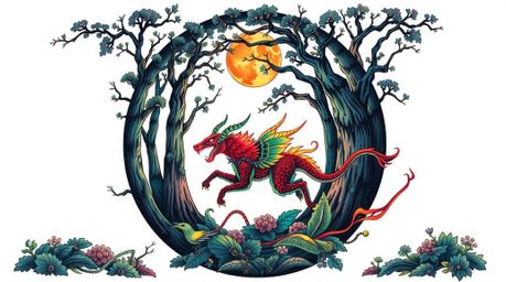 A vibrant traditional tattoo art print showcasing a dynamic chase scene within a looping forest backdrop.  The design feature