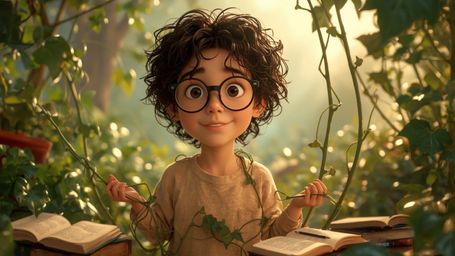 In a vibrant, cinematic photograph inspired by Pixar, a bespectacled, curly-haired homeschooled genius is surrounded by lush 
