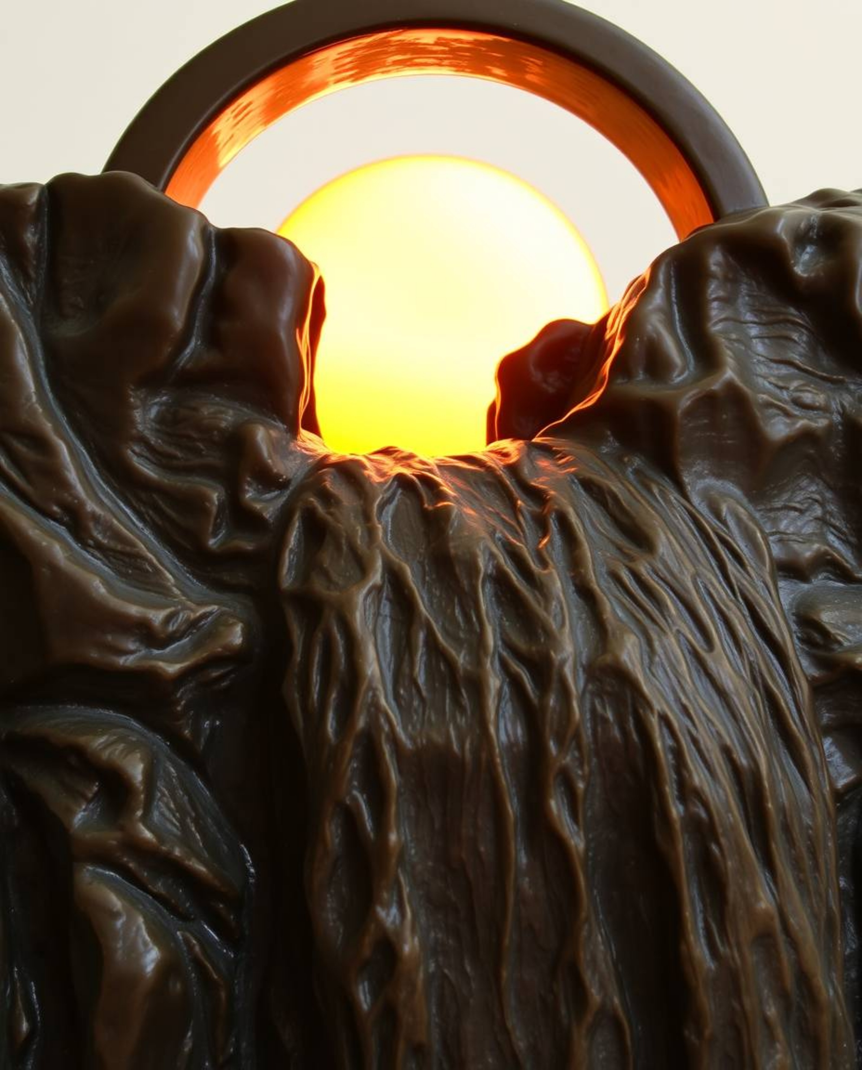 This is a cast bronze sculpture depicting a sun setting behind a dramatic waterfall. The artwork showcases a beautiful antiqu