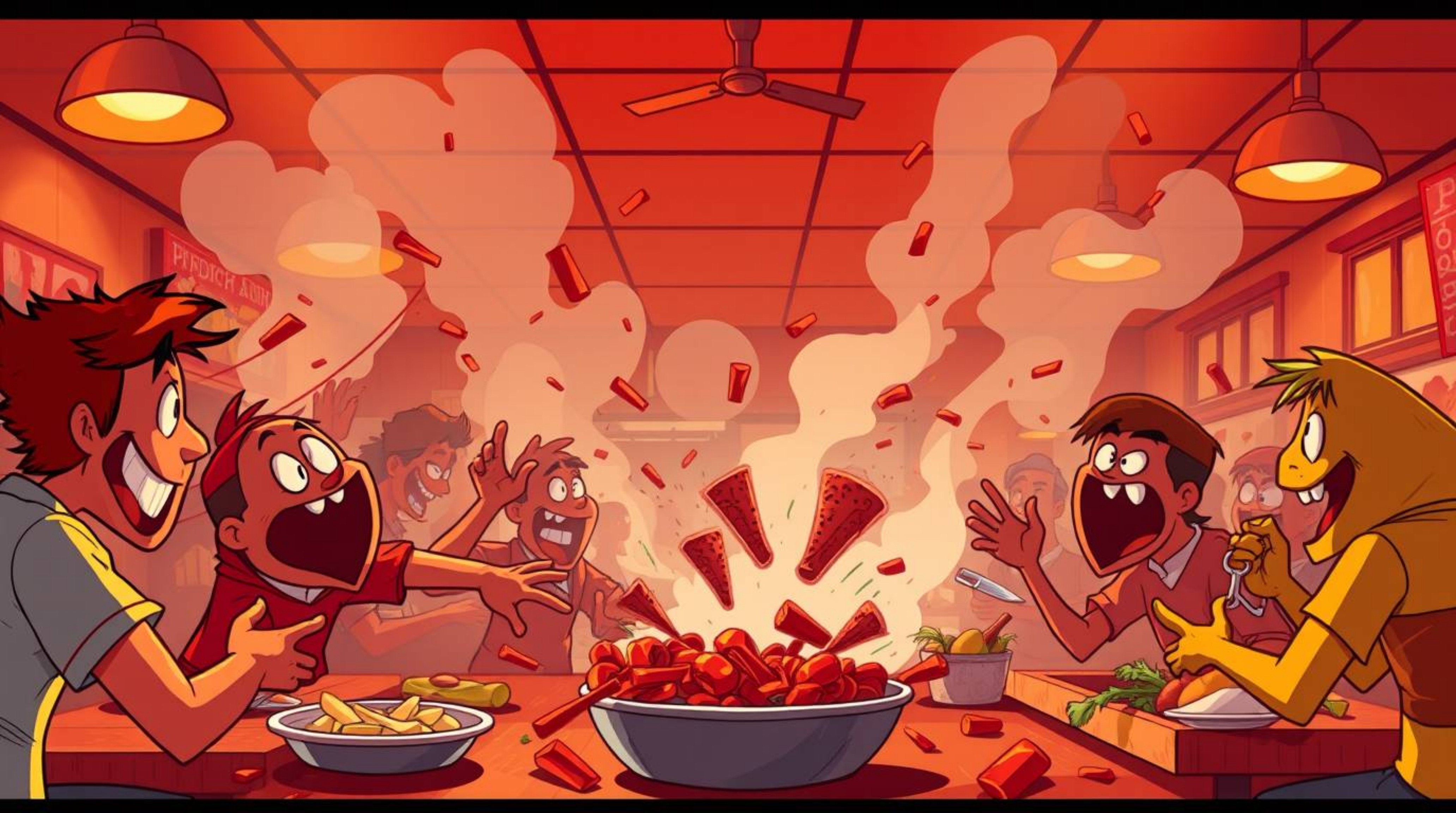 Experience the chaotic energy of a wild food fight in a cartoon cafeteria, brought to life with intense dramatic lighting, wa