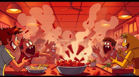 Experience the chaotic energy of a wild food fight in a cartoon cafeteria, brought to life with intense dramatic lighting, wa