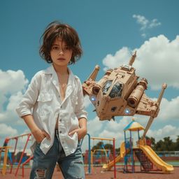 A captivating high-fashion photography image depicts a boy with messy brown hair building an intricately detailed cardboard s