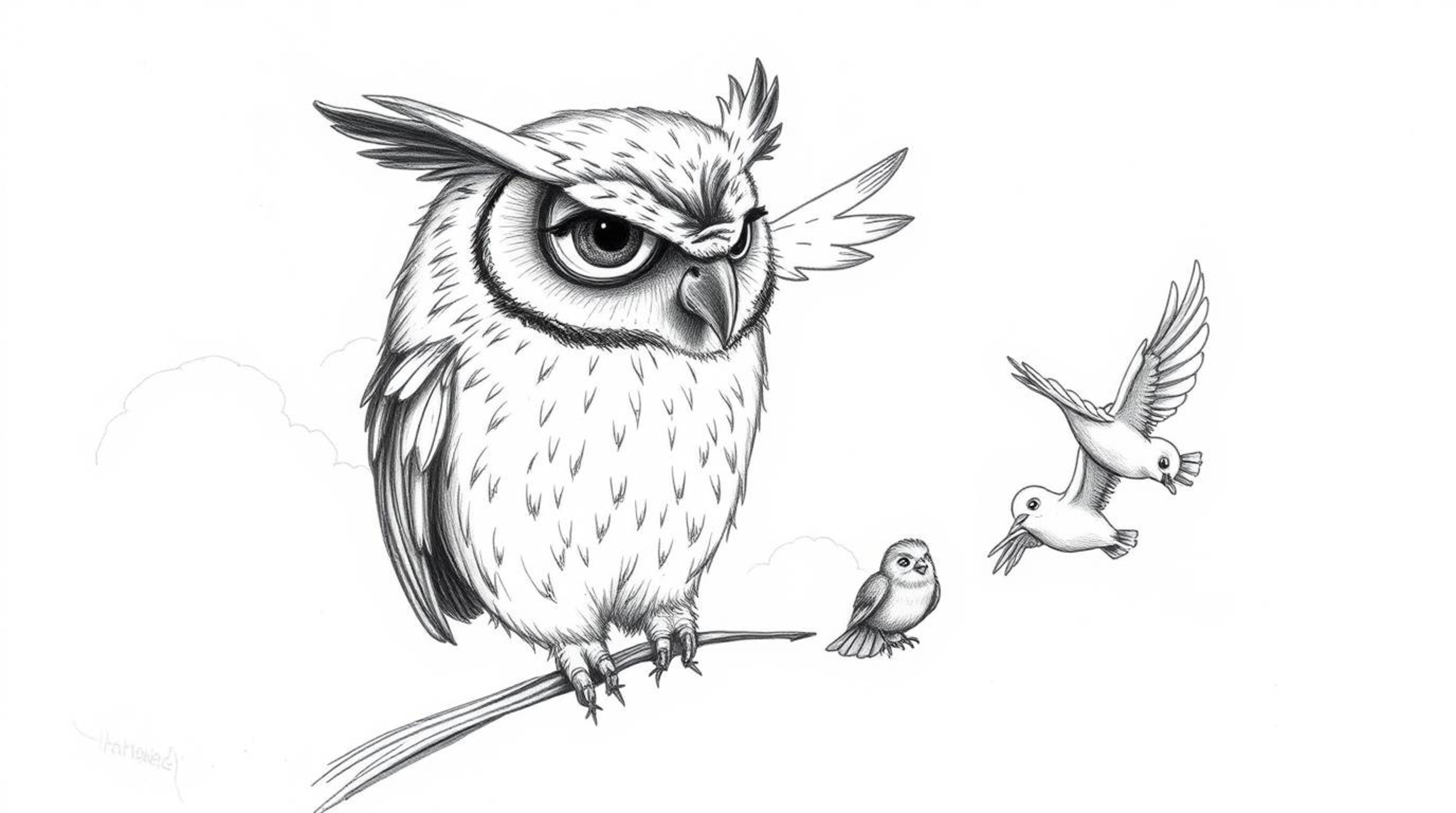 A heartwarming hand-drawn pencil sketch, inspired by Pixar's aesthetic, portrays a majestic blind owl with slightly ruffled f