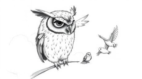A heartwarming hand-drawn pencil sketch, inspired by Pixar's aesthetic, portrays a majestic blind owl with slightly ruffled f