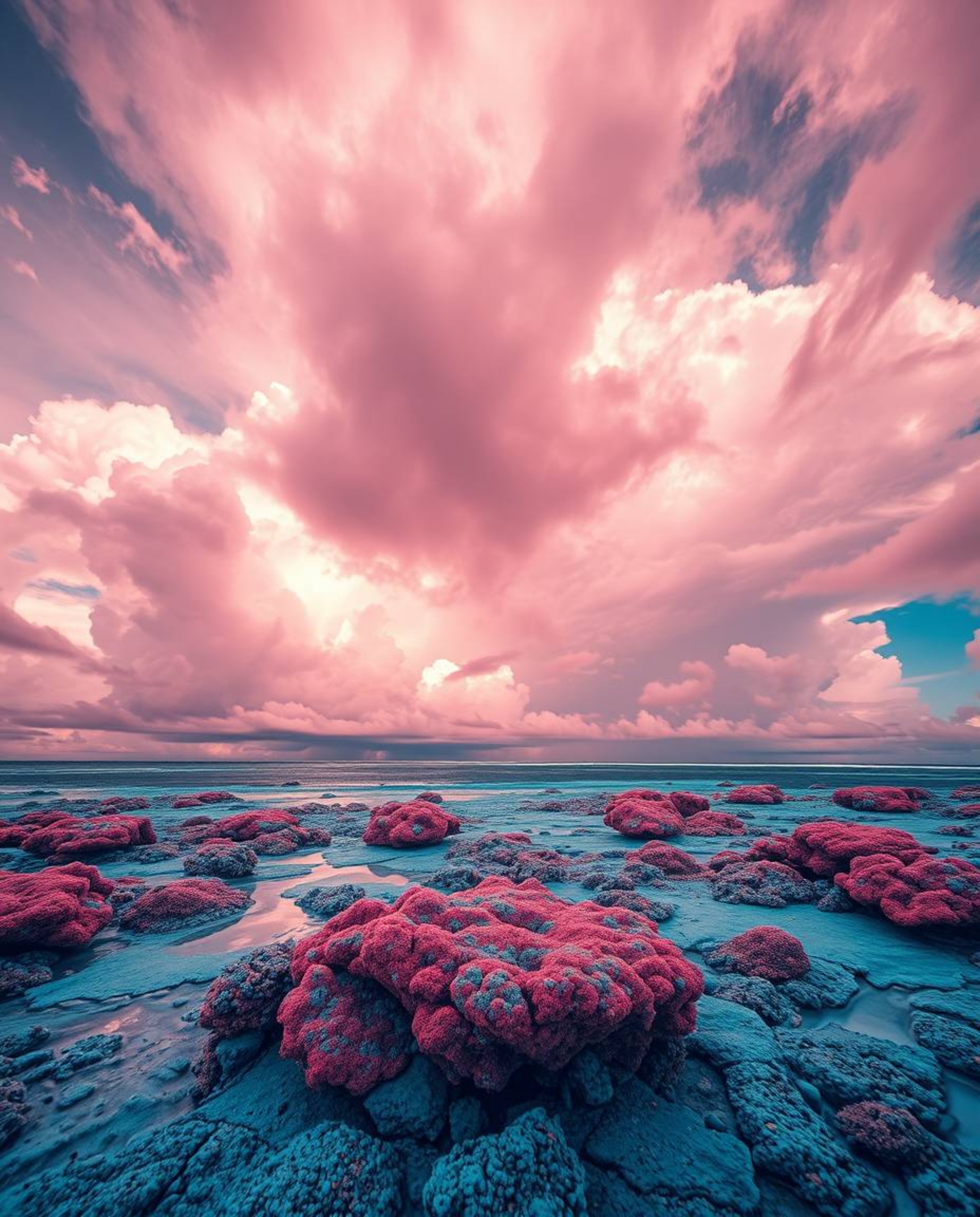 A surreal infrared image of a colorful sky over a coral reef at low tide, featuring stormy skies and otherworldly, intensely 