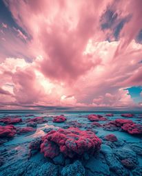 A surreal infrared image of a colorful sky over a coral reef at low tide, featuring stormy skies and otherworldly, intensely 
