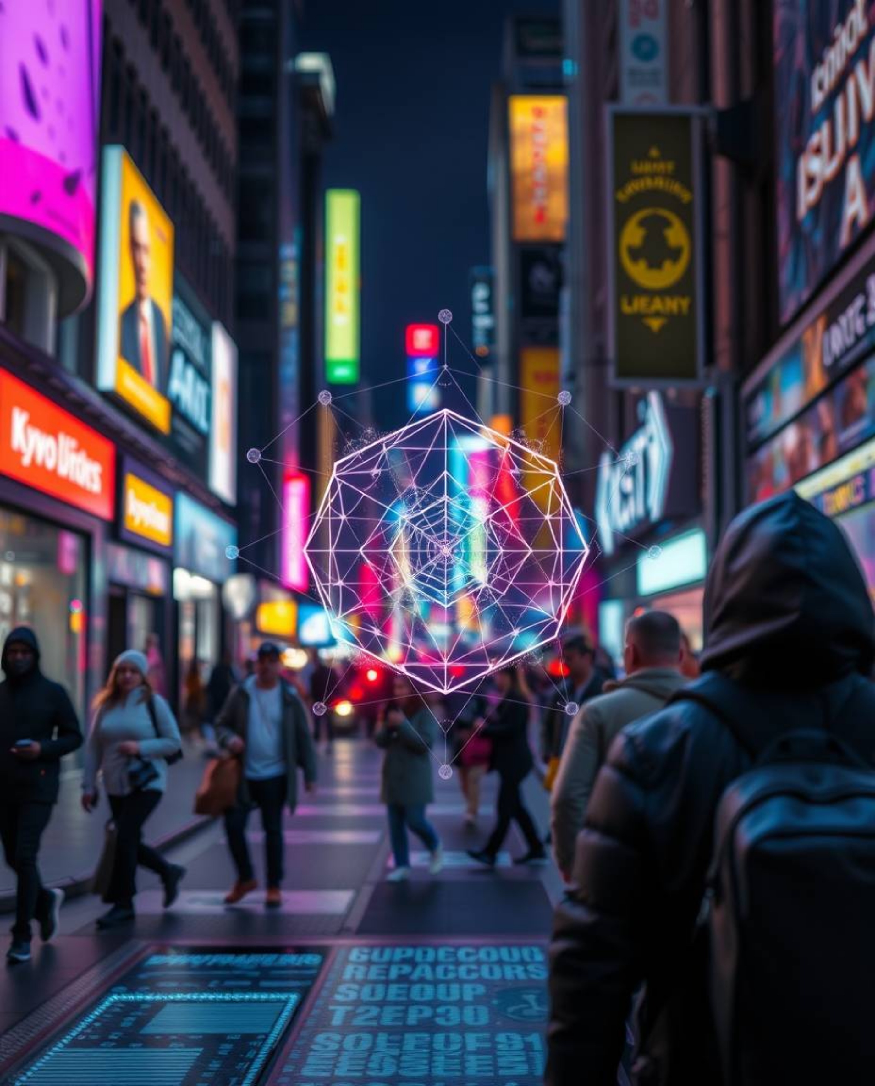 A captivating street photograph unveils a futuristic digital interface seamlessly integrated into the urban landscape. Compos