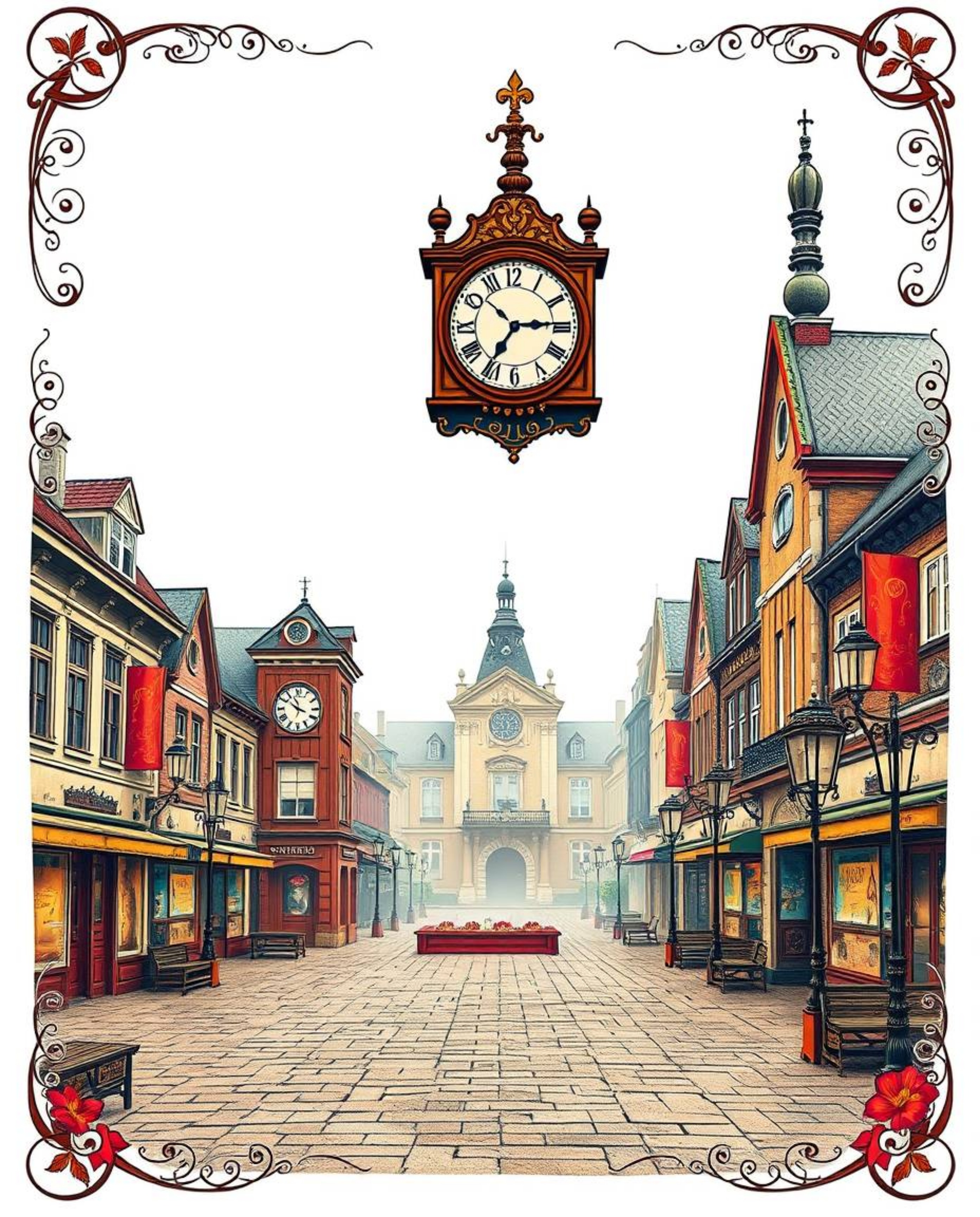 This artwork blends traditional tattoo aesthetics with a surreal scene of an empty town square. Ticking clocks add an element