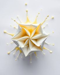 A tight close-up shot capturing intricate origami-style folds within a paint splash frozen mid-air, achieved with a high-spee