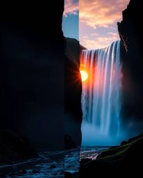 A distinct split image depicting a sun setting behind a dramatic waterfall, showcasing a mystic enchanting environment. The c