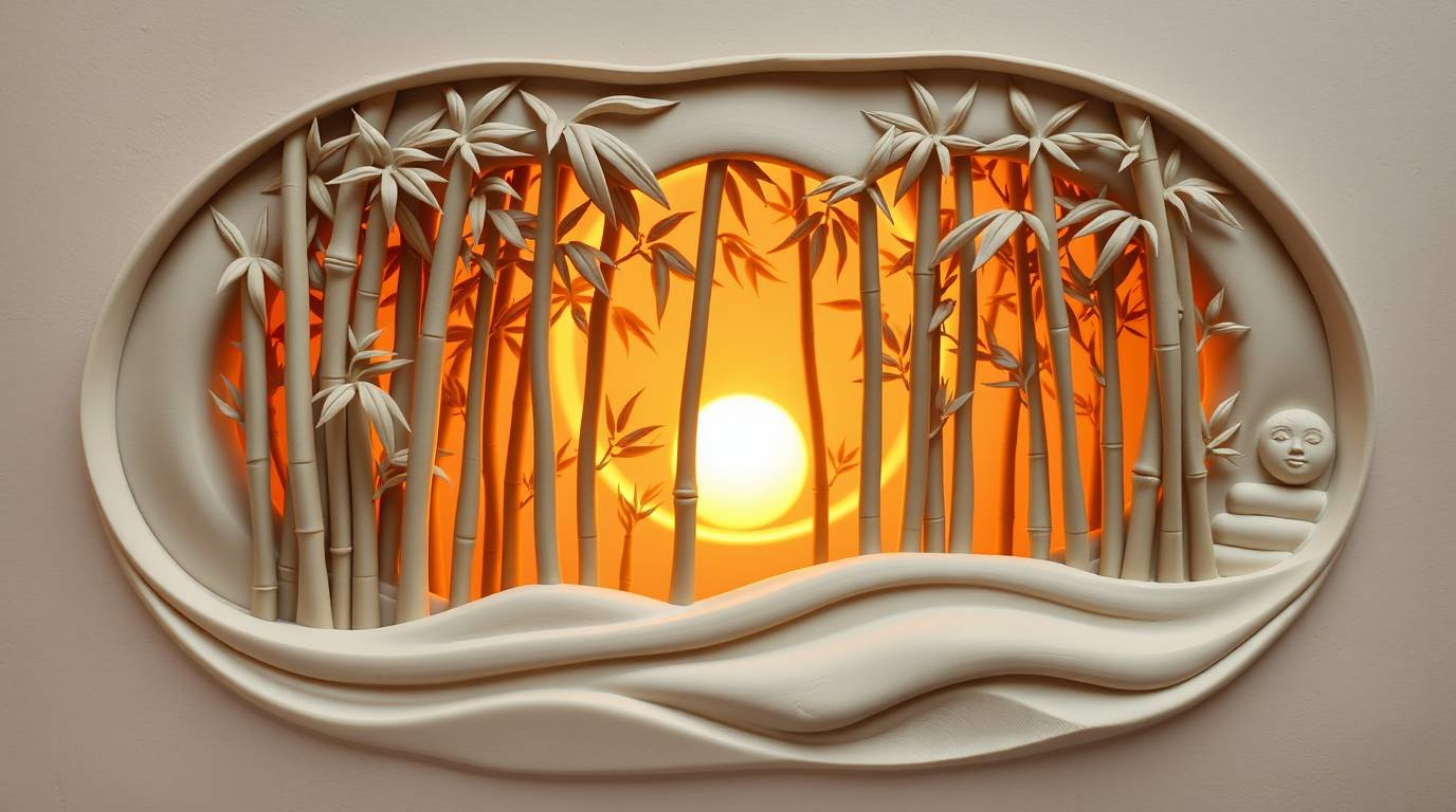 This graceful and elegant sculptural clay art piece depicts a serene bamboo forest bathed in the warm glow of sunset light.  