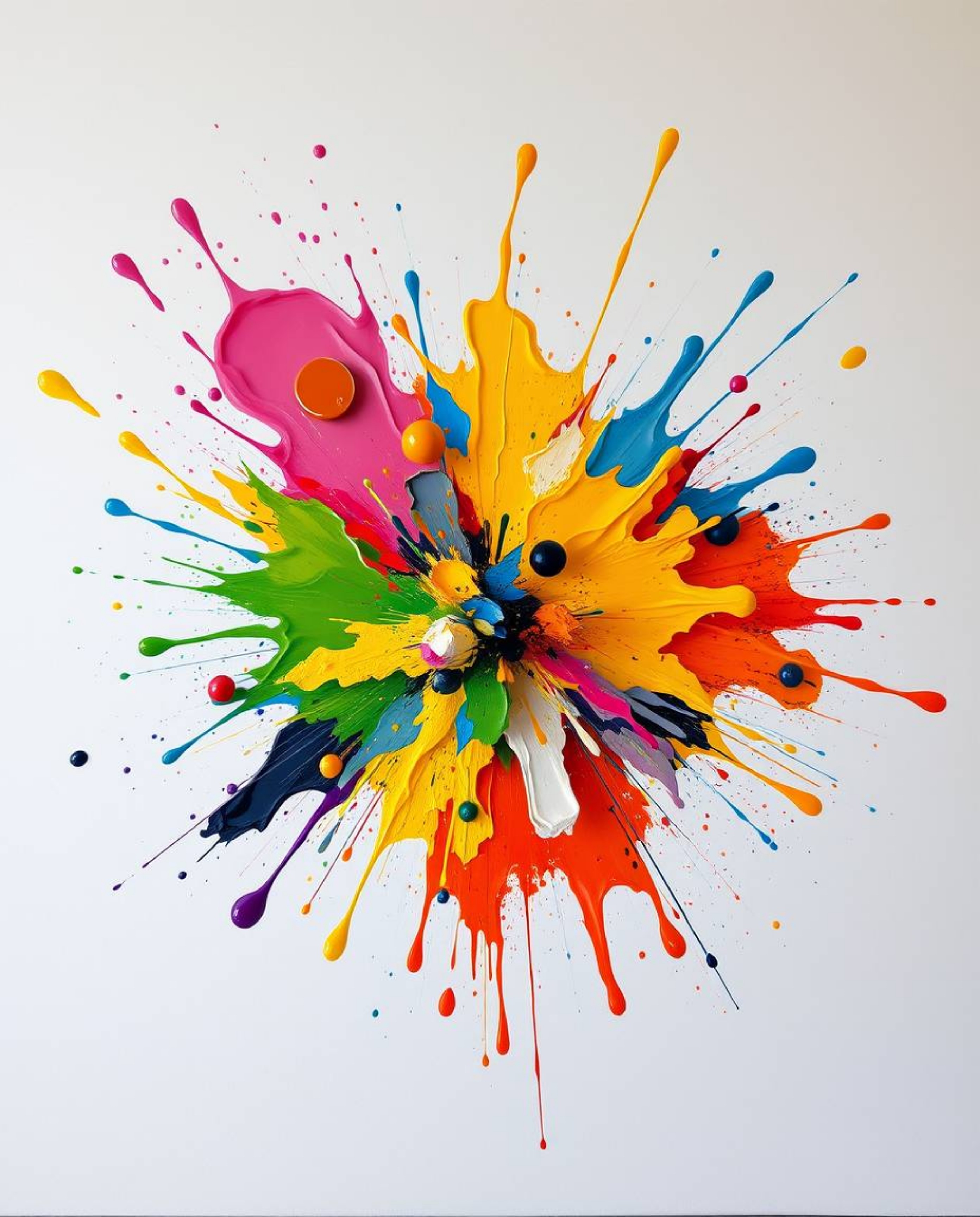 This modern, flat design abstract painting showcases a vibrant explosion of colorful paint splashes on a clean white canvas. 