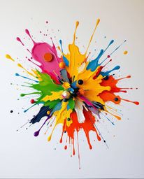 This modern, flat design abstract painting showcases a vibrant explosion of colorful paint splashes on a clean white canvas. 