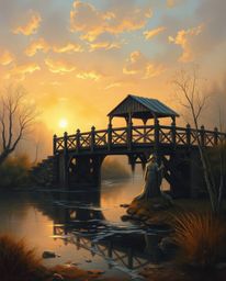 An extreme macro close-up captures the intricate details of an old wooden bridge over a river at sunset. The image is rendere